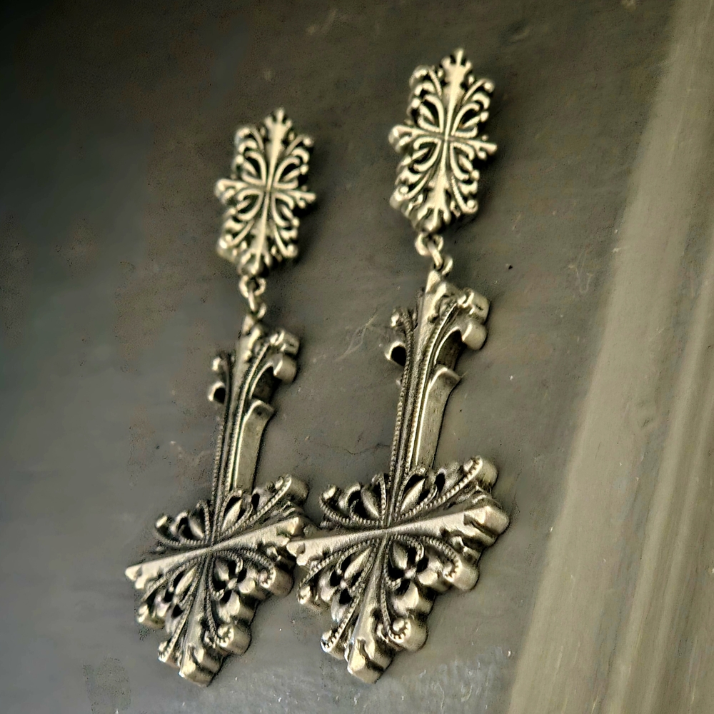 Antique Style Silver Cross Earrings - Picture 3 of 5